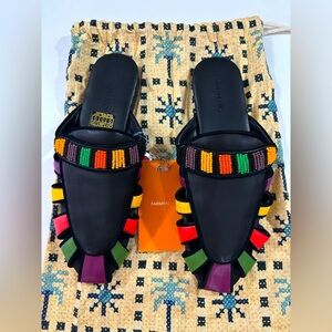 NWT FARM Rio Black Boho Rainbow Beaded Mules 7.5